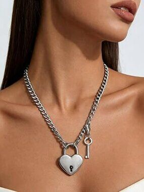NEW Lover Heart Padlock Necklace Padlock Collar Choker with Lock & Key Silver